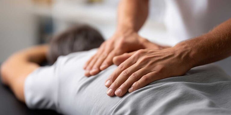 Pregnant person lying on a padded table receiving a gentle chiropractic adjustment from a practitioner.